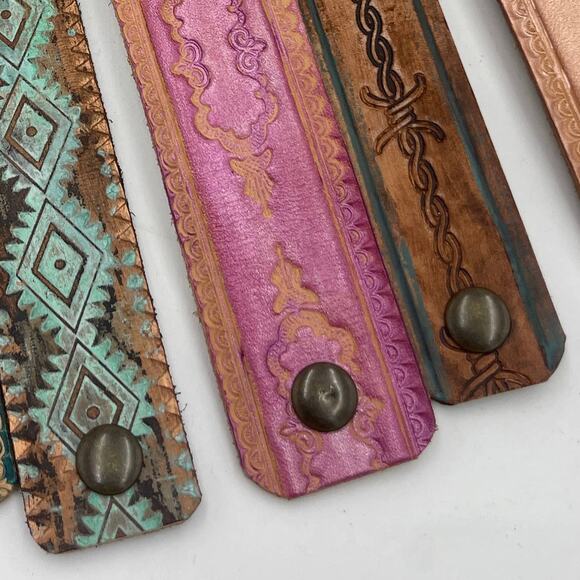 Western Boho Layering Hand Tooled Leather Bracelet Ivory Pastel - Picture 5 of 8